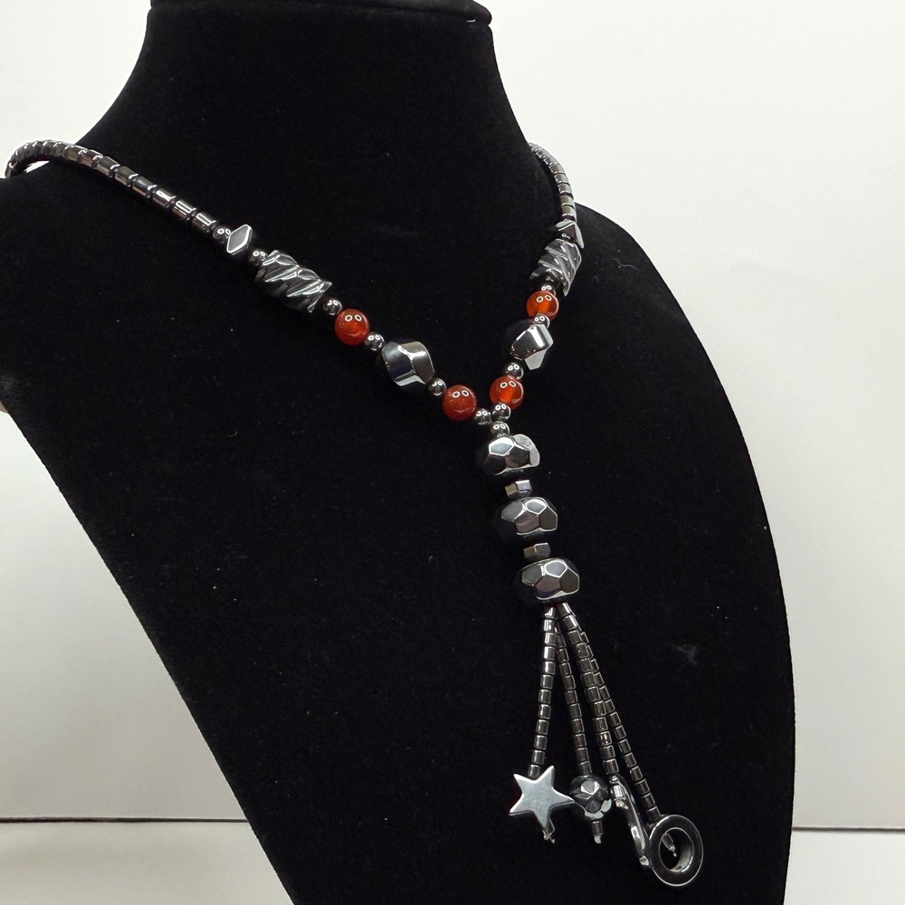 Hematite Y Necklace Star & Moon Charms Red Accent Glass Beads Jewelry 17.5 in L - Picture 5 of 7